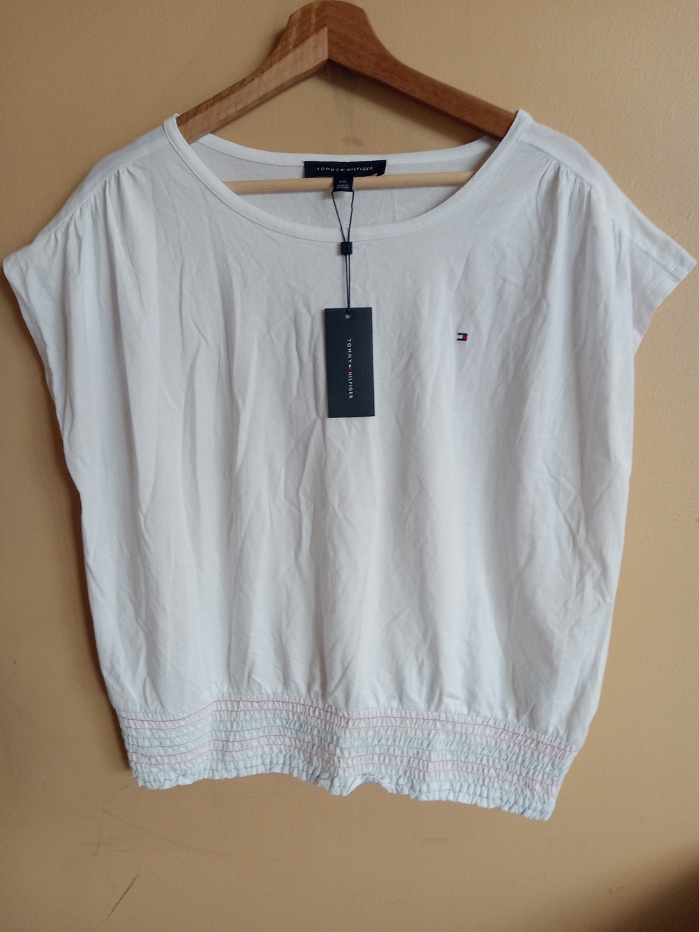 Tommy Hilfiger White Short Sleeve Smocked-Hem Tee